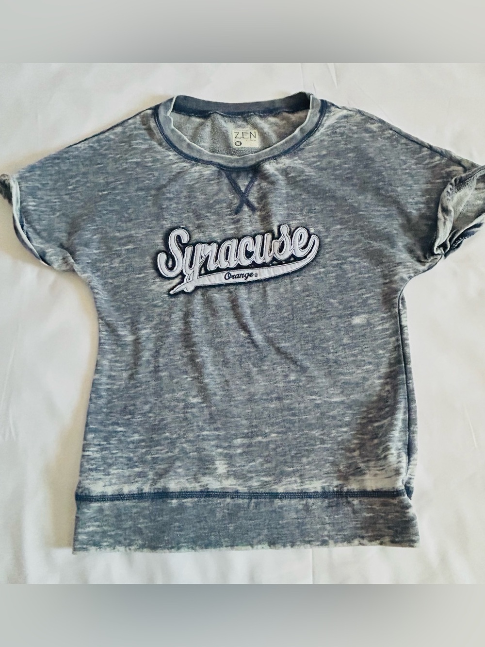 Short Sleeve Acid Wash Sweatshirt By Zen with Syracuse Orange Applique Size M
